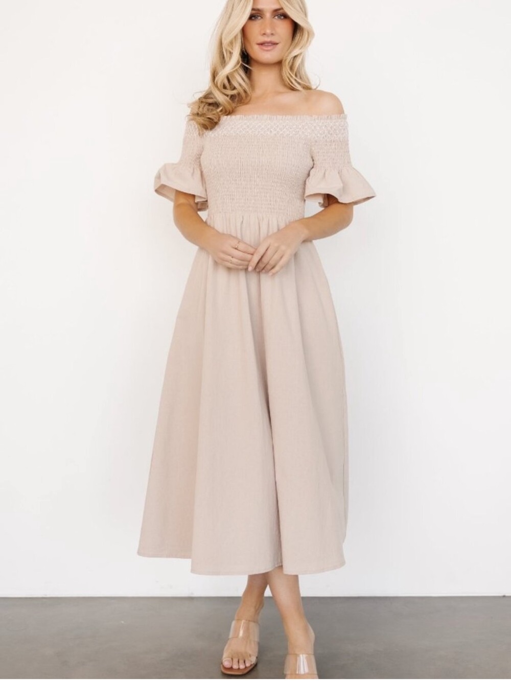 Baltic Born Jodi Women’s Cotton Off Shoulder Smocked Midi Dress L Neutral Beige